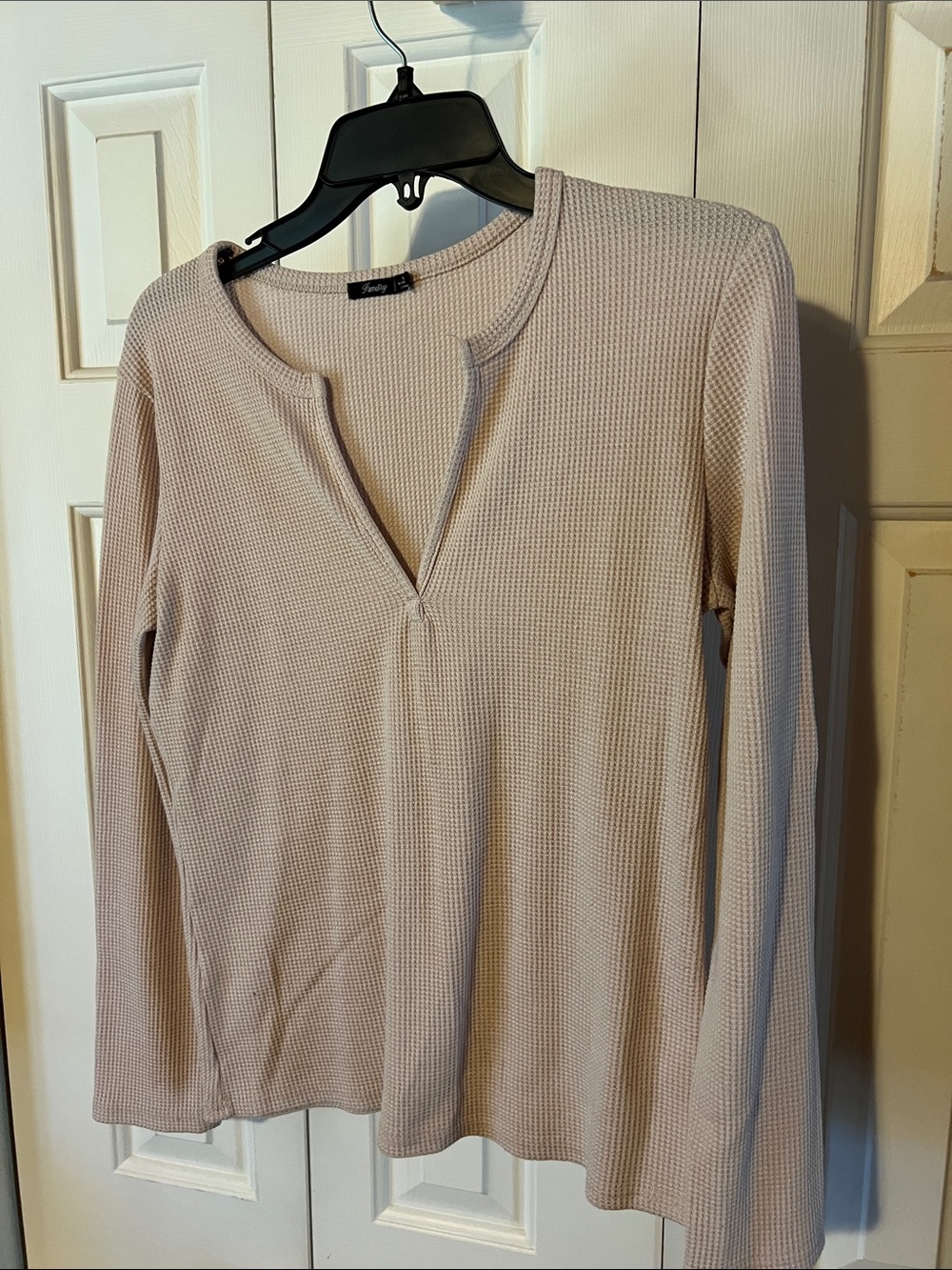 Waffle Knit Long Sleeve Top in Light Beige - Casual V-Notch Neck